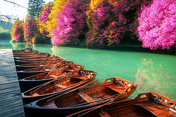 blue, boat, croatia, lake, summer, pink, autumn, plitvice, vara HD wallpaper