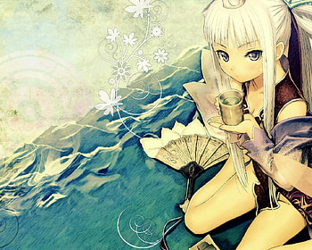 Romantic Place, blue, white, tea, suit, girl, fan, beach, white hair, flowers, water, ocean HD wallpaper