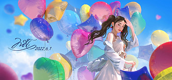 :), ying lee, blue, frumusete, pink, art, fantasy, girl, balloon, yellow HD wallpaper