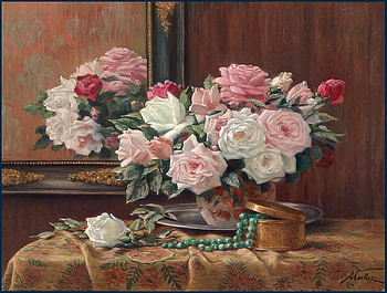 Flowers for Glyn, table, roses, container, , frame, vase, platter, painting, pearls, cloth, panel HD wallpaper
