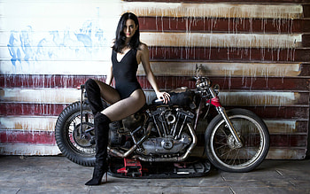 Krysten Ritter on a Motorcycle, motorcycle, model, high heels, brunette HD wallpaper