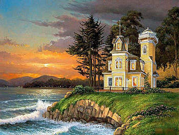 Victorian Lighthouse, sea, coastline, colors, artwork, waves, painting, clouds, trees, sky, water HD wallpaper