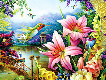 Garden by the River, blossoms, hummingbirds, artwork, painting, colors, flowers, lilies HD wallpaper