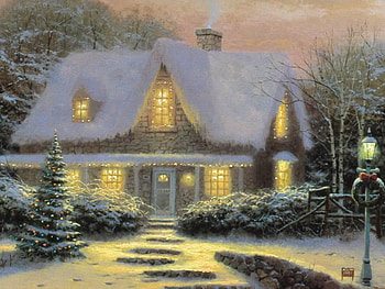 A Welcoming Light, painting, lights, snow, christmas, home HD wallpaper