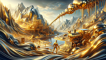 Golden Mining Fantasy Landscape, gold mining, gold, mining, mountain, train HD wallpaper