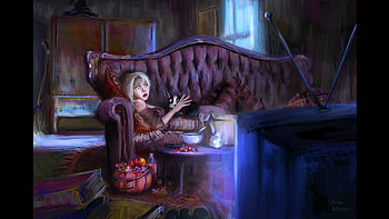 Shock, sofa, girl, cat, TV, pisica, purple, halloween, fantasy HD wallpaper