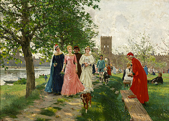 Raffaello Sorbi - Dante incontra Beatrice, crowd, river, park, Romantic, artistic, painting HD wallpaper