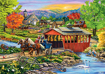 Twilight Bridge, river, covered, villagr, landscape, houses, artwork, horses, painting, trees, cart HD wallpaper