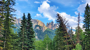 Owl creek pass, Ridgeway, Colorado, forest, usa, peaks, clouds, trees, sky HD wallpaper