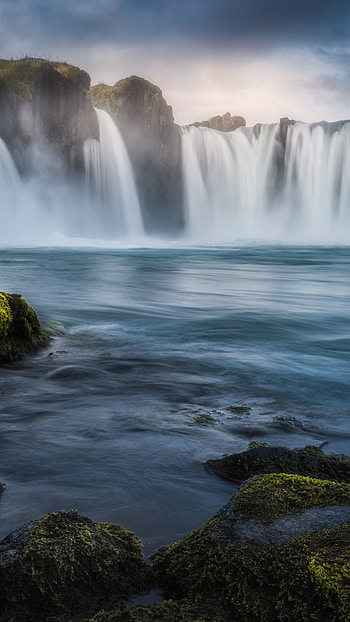 Godafoss waterfall, Iceland's beauty, Sunrise magic, Nature's wonder HD phone wallpaper
