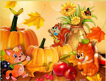 Autumn cat, autumn, cat, pumkin, flowers HD wallpaper