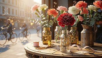 Sunlit Carnations —, Carnation, Flower, Vase, Bouquet HD wallpaper