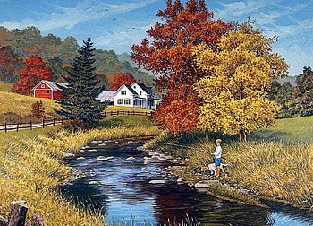 Autumn at the Brook, trees, water, boy, house HD wallpaper