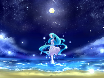 miku in moon light, miku, blue hair, vocaloid, piggy-tails HD wallpaper