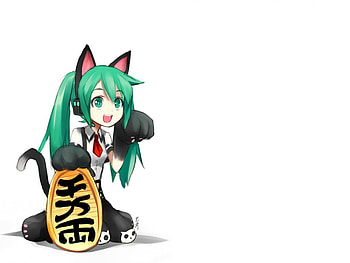 Maneki Miku, lucky, nekomimi, lucky cat, cute, vocaloid, twin tails, long hair, coin, miku, vocaloids, hatsune, twintails, adorable, female, plain, sexy, white, neko mimi, hatsune miku, luck, twintail, hot, girl, maneki, kawaii, anime girl, simple, neko, anime, green hair, twin tail, green eyes HD wallpaper