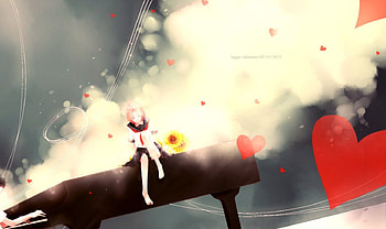 ~Melodies of Love~, barefoot, girl, romance, music, playing, sitting, anime, sunflowers, boy, piano, love, hearts HD wallpaper
