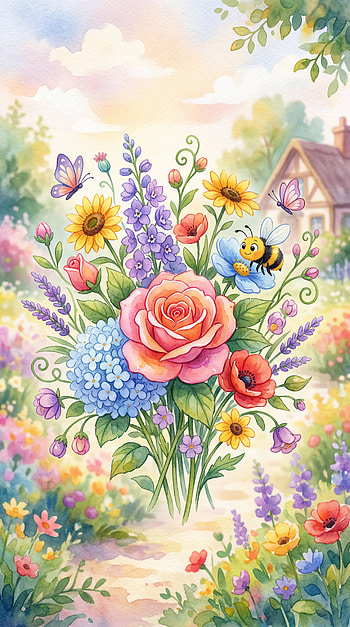 Sunlit Watercolor Floral Bouquet — , Rose, Sunflower, Bee, Butterfly HD phone wallpaper