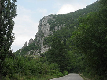 Mountain road, graphy, green, bulgaria, trees, sky, road, rocks, mountain HD wallpaper
