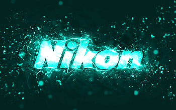 Nikon turquoise logo, , turquoise neon lights, creative, turquoise abstract background, Nikon logo, brands, Nikon HD wallpaper