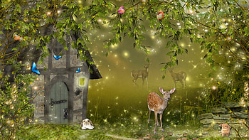 Fairy Tale Forest, bunnies, bird, house, doe, rabbigs, fairy tale, butterflies, fantasy, fawn, deer, trees, forest HD wallpaper