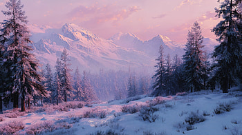 Aesthetic Winter : Pink Alpine Serenity, Mountain, Snow, Forest, Pine Tree, Snowy Mountain HD wallpaper