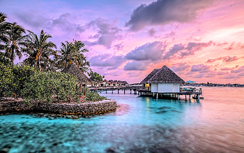 Tropical Paradise, sea, palms, huts, coast, clouds, colors, sky, sunset HD wallpaper