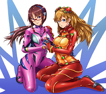 Mari & Asuka, sexy, evangelion, makinami, plugsuit, langley, nerv, tech, red, cool, glasses, eva HD wallpaper