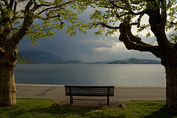 Nature, Horizon, Lake, Shore, Bank, Lines, Bench HD wallpaper