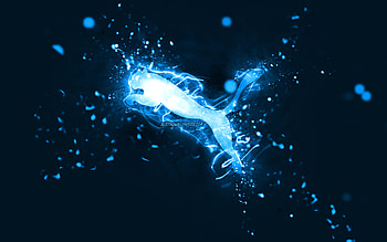 Puma blue logo, , blue neon lights, creative, blue abstract background, Puma logo, brands, Puma HD wallpaper