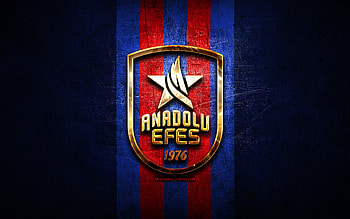 Anadolu Efes, golden logo, Basketbol Super Ligi, blue metal background, turkish basketball team, Anadolu Efes logo, basketball, Anadolu Efes SK HD wallpaper