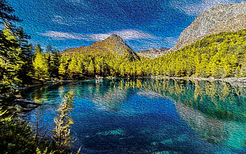 Lago di Saoseo, mountain lake, Switzerland, paint art, Lago di Saoseo painting, mountain landscape, art, the Alps, lake paintings HD wallpaper