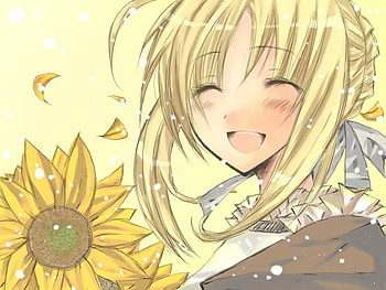 Smile..., smile, girl, fate stay night, beautiful, sunflower, saber, anime, game, blonde hair HD wallpaper