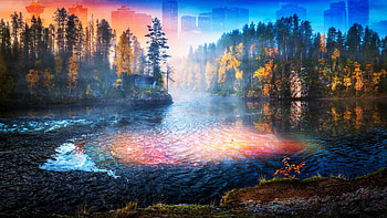 Lake, forest, outdoor, artwork HD wallpaper