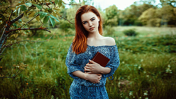 Outdoor, red head, beauty with book HD wallpaper