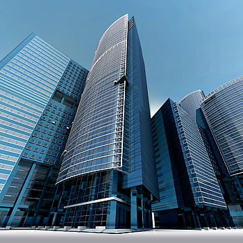 Futuristic urban skyscrapers with glass facades reflecting a vibrant blue sky. HD phone wallpaper
