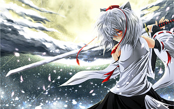 Inubashiri Momiji, night, sword, red eyes, anime girl, petals, white hair, touhou, short hair, cherry blossom, kemonomimi, katana, hat, cloud, female HD wallpaper