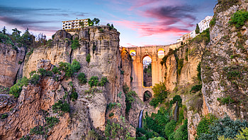 Spain Malaga Waterfall Costa del Sol Green Trees Bushes Mountains Travel HD wallpaper