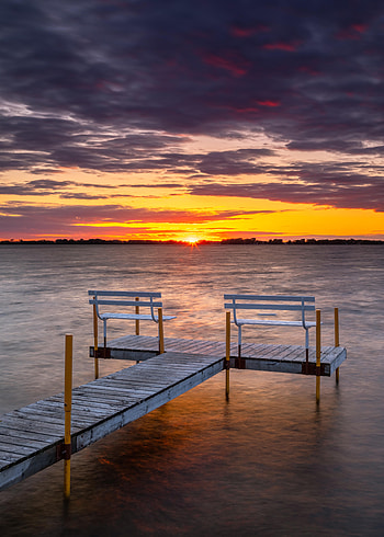Nature, Sunset, Sea, Horizon, Pier, Bench HD phone wallpaper