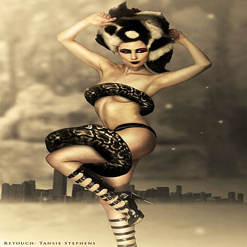 RACCOON AND SNAKE, snake, white, black, model, quin, raccoon, wild, dress, woman, fantasy, life, body, imagination HD wallpaper