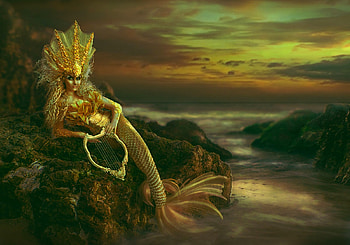 Sunset Mermaid, golden, mermaid, art, girl, beautiful, woman, digital, fantasy, pretty HD wallpaper