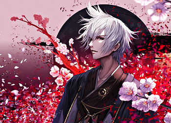 Spring, kimono, asian, man, jname, pink, fantasy, boy, flower, red, manga, guy, aniem, blossom HD wallpaper