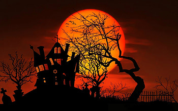 Happy Halloween!, hunted, black, house, orange, tree, halloween, moon, fantasy, red, mansion, silhouette HD wallpaper