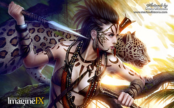 Wild Hunter, girl, cat, beautiful, wild, CG, beauty, woman, lady, leopard, female HD wallpaper