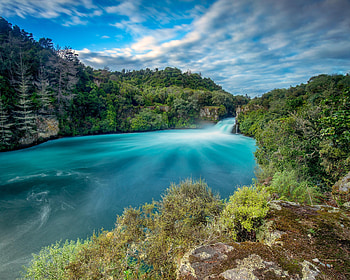 Huka Falls, Taupo, New Zealand, cascade, river, clouds, landscape, trees, sky HD wallpaper