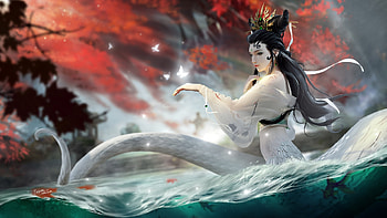 The White Snake, frumusete, white snake, fantasy, red, luminos, girl, water, fuuym HD wallpaper