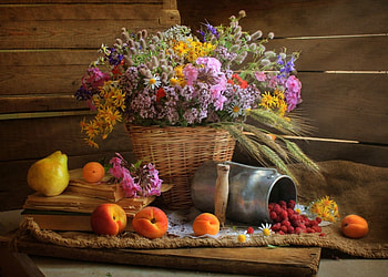 Still life, lovely pretty, flwoers, vase, beautiful, fruits, harmony HD wallpaper