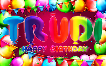 Happy Birtay Trudi, , colorful balloon frame, Trudi name, purple background, Trudi Happy Birtay, Trudi Birtay, popular german female names, Birtay concept, Trudi HD wallpaper