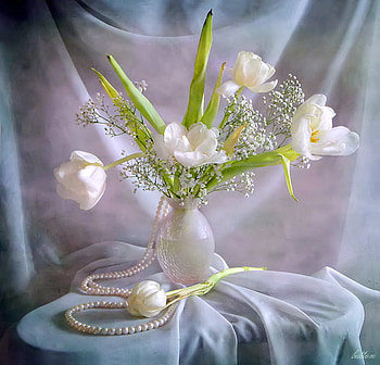 Happy spring everyone, glass vase, blue drape, green, pearls, white flowers HD wallpaper