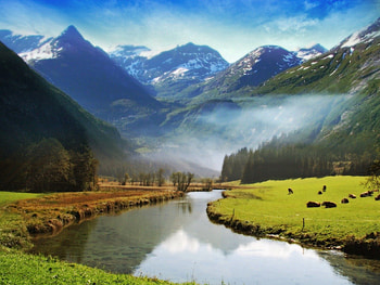 Animals, Nature, Rivers, Grass, Mountains, Greens, Meadow, Valley Of Angels, Valley Of The Angels HD wallpaper
