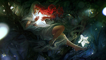 Star maiden, exellero, white, art, girl, star, fantasy, green, red, maiden, redhead, luminos HD wallpaper